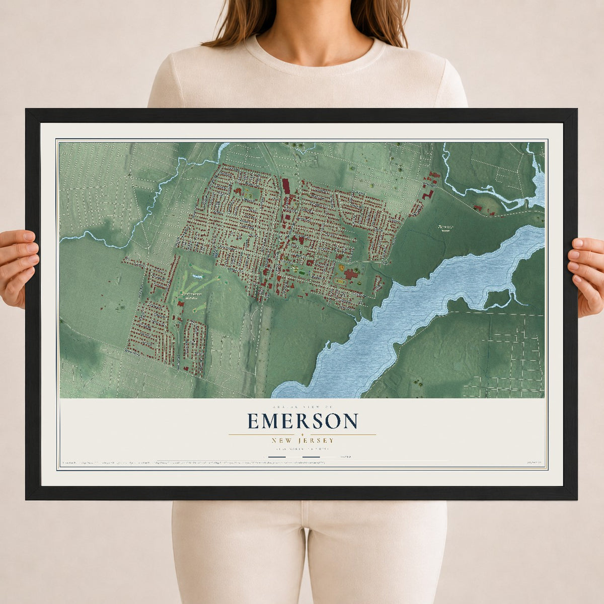 Emerson, New Jersey map print, 18" x 24" W/ Black Ayous Wood Frame mockup