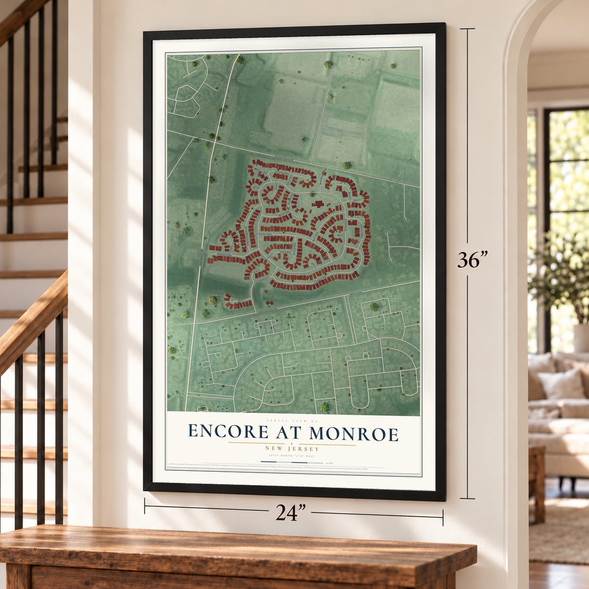 Encore at Monroe, New Jersey map, 24 x 36 inch print in a black frame by a staircase