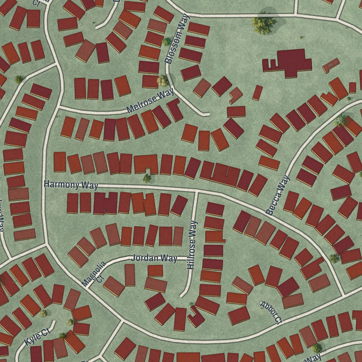 Close-up of the map of Encore at Monroe, New Jersey print showing street and building detail