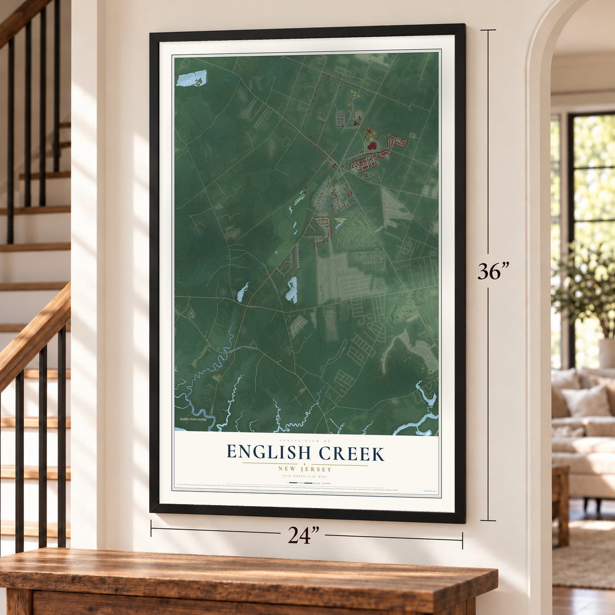 English Creek, New Jersey map, 24 x 36 inch print in a black frame by a staircase