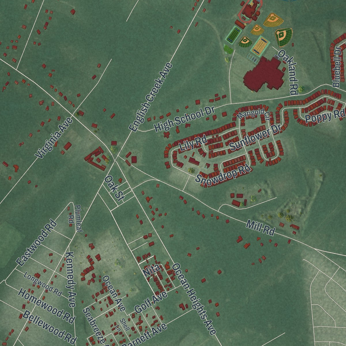 Close-up of the map of English Creek, New Jersey print showing street and building detail