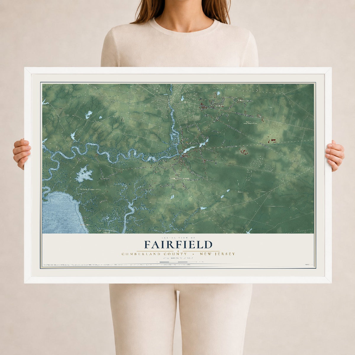 Fairfield, New Jersey map print, 24" x 36" W/ White Ayous Wood Frame mockup