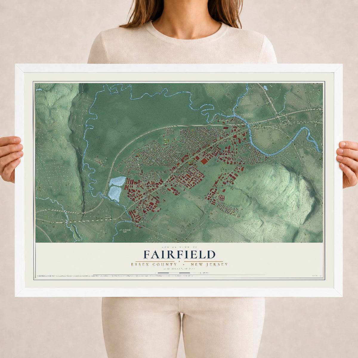 Fairfield, New Jersey map print, 18" x 24" W/ White Ayous Wood Frame mockup