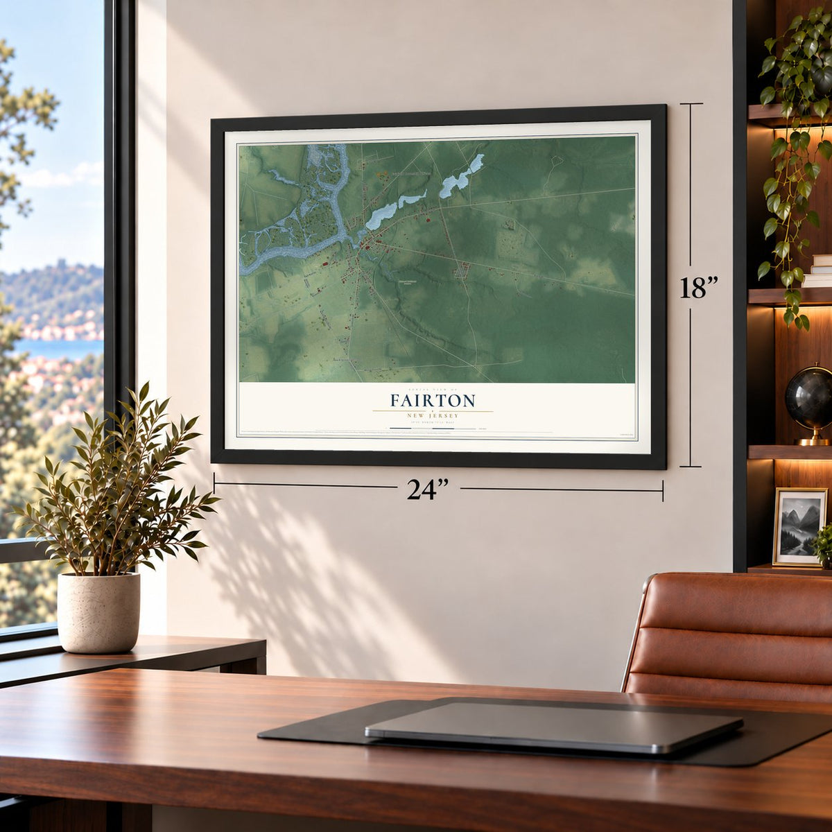 Fairton, New Jersey map, 18 x 24 inch print in a black frame in a home office