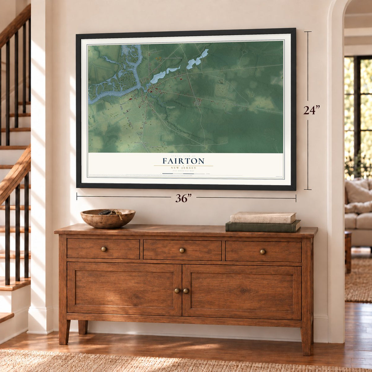 Fairton, New Jersey map, 24 x 36 inch print in a black frame above a dresser by a staircase