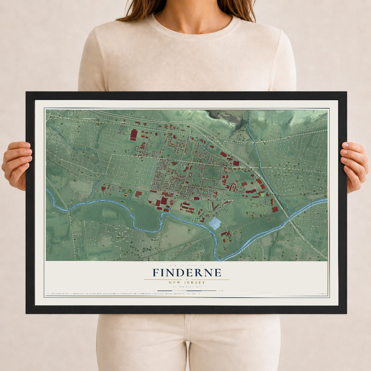 Finderne, New Jersey map print, 12" x 18" W/ Black Ayous Wood Frame mockup