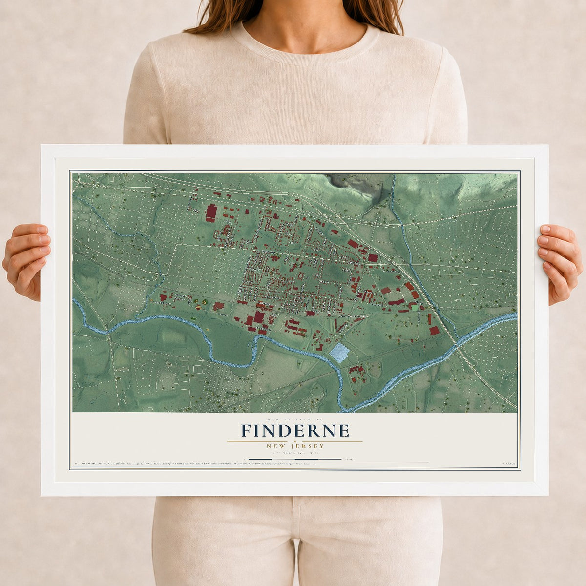 Finderne, New Jersey map print, 12" x 18" W/ White Ayous Wood Frame mockup