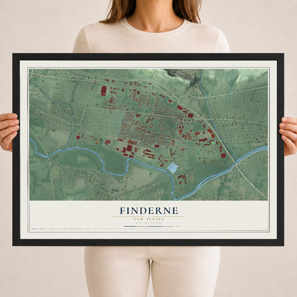 Finderne, New Jersey map print, 18" x 24" W/ Black Ayous Wood Frame mockup