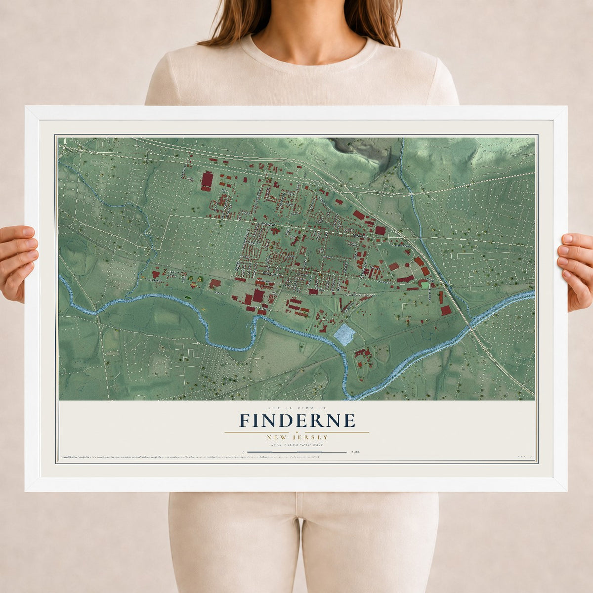 Finderne, New Jersey map print, 18" x 24" W/ White Ayous Wood Frame mockup