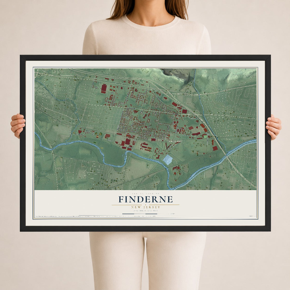 Finderne, New Jersey map print, 24" x 36" W/ Black Ayous Wood Frame mockup