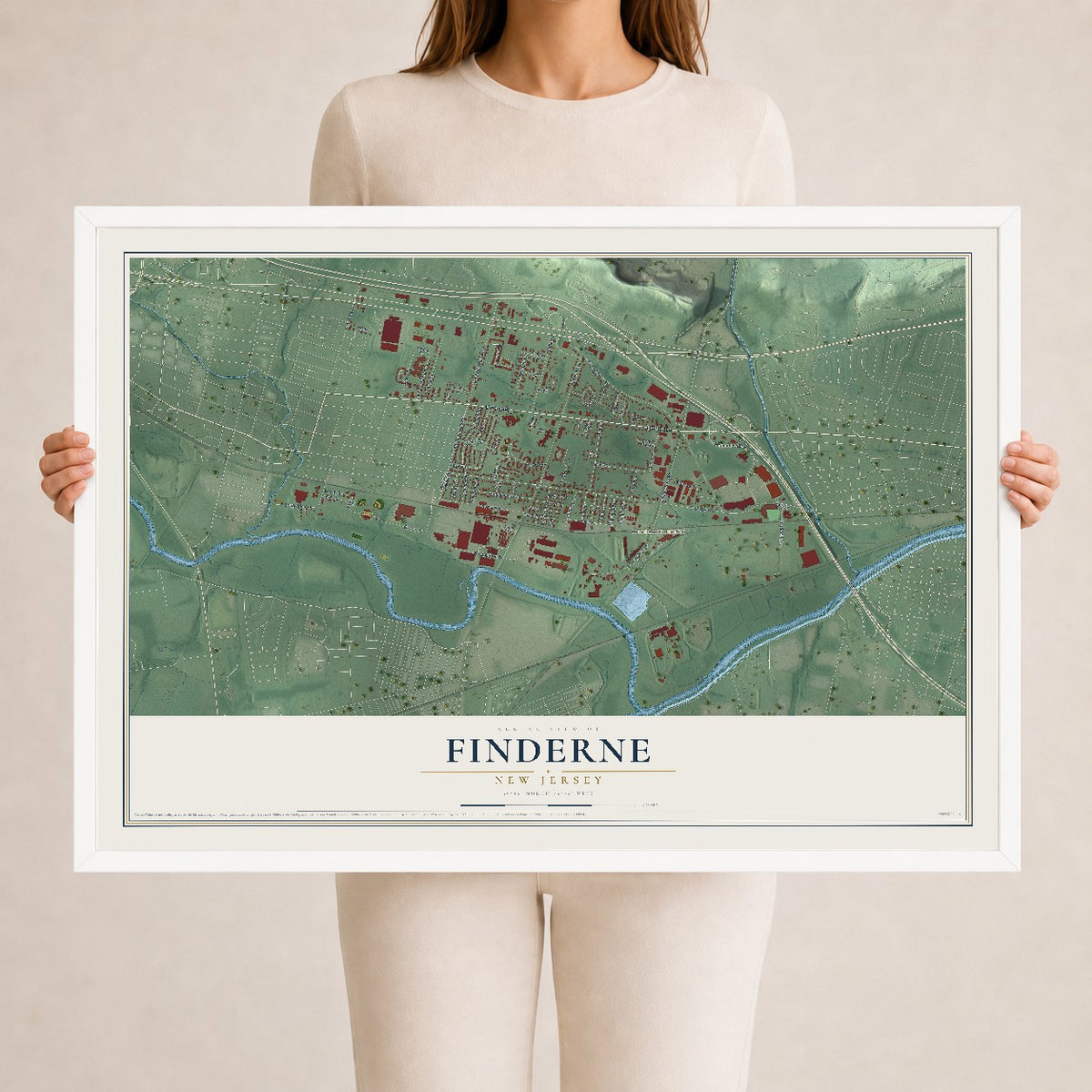 Finderne, New Jersey map print, 24" x 36" W/ White Ayous Wood Frame mockup