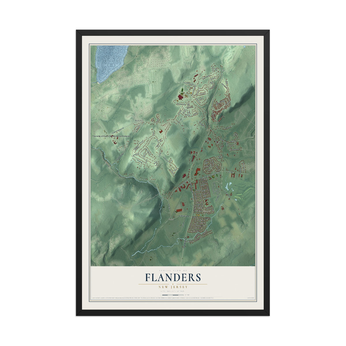 Flanders, New Jersey map print, 12" x 18" W/ Black Ayous Wood Frame mockup