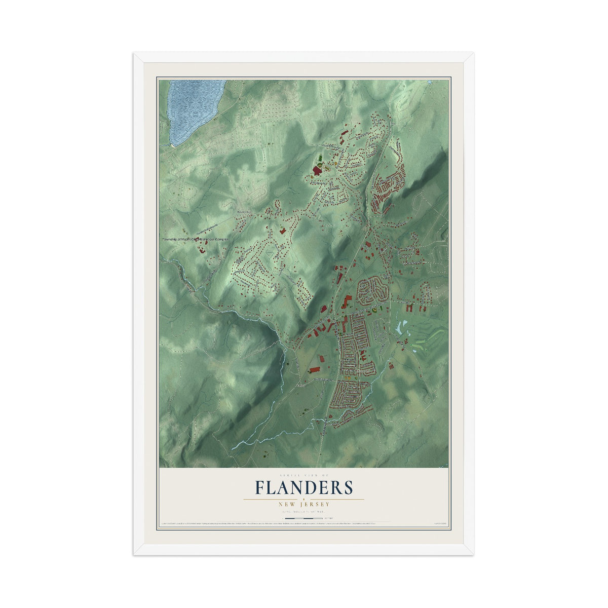 Flanders, New Jersey map print, 12" x 18" W/ White Ayous Wood Frame mockup