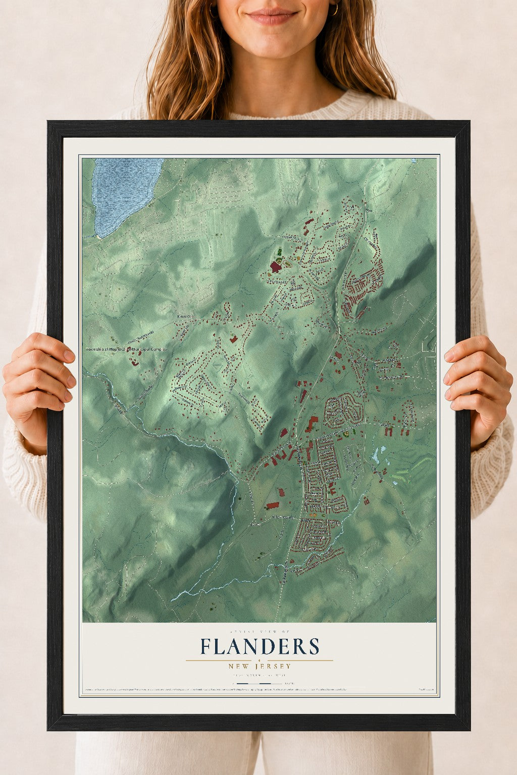 Flanders, New Jersey map print, 18" x 24" W/ Black Ayous Wood Frame mockup