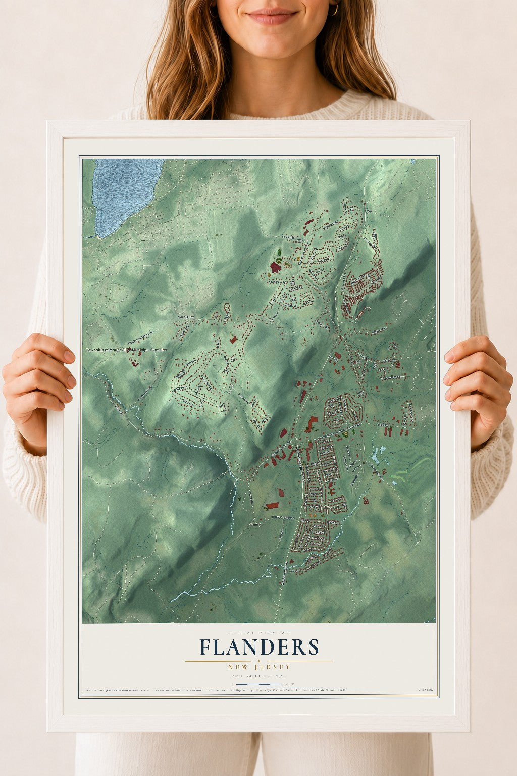 Flanders, New Jersey map print, 18" x 24" W/ White Ayous Wood Frame mockup