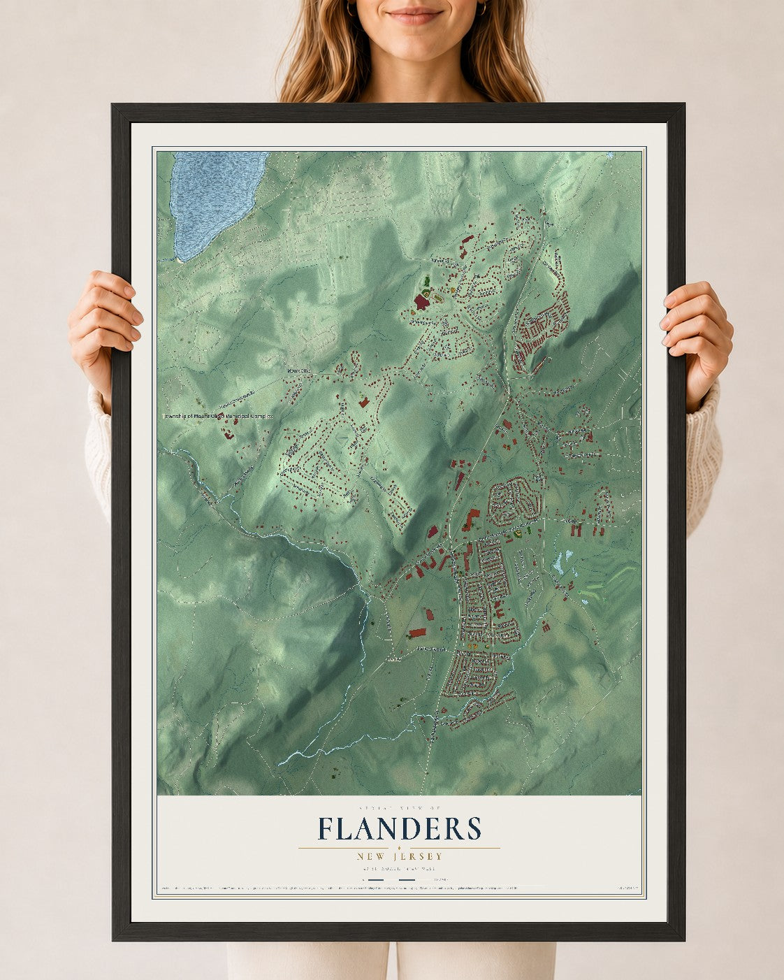 Flanders, New Jersey map print, 24" x 36" W/ Black Ayous Wood Frame mockup