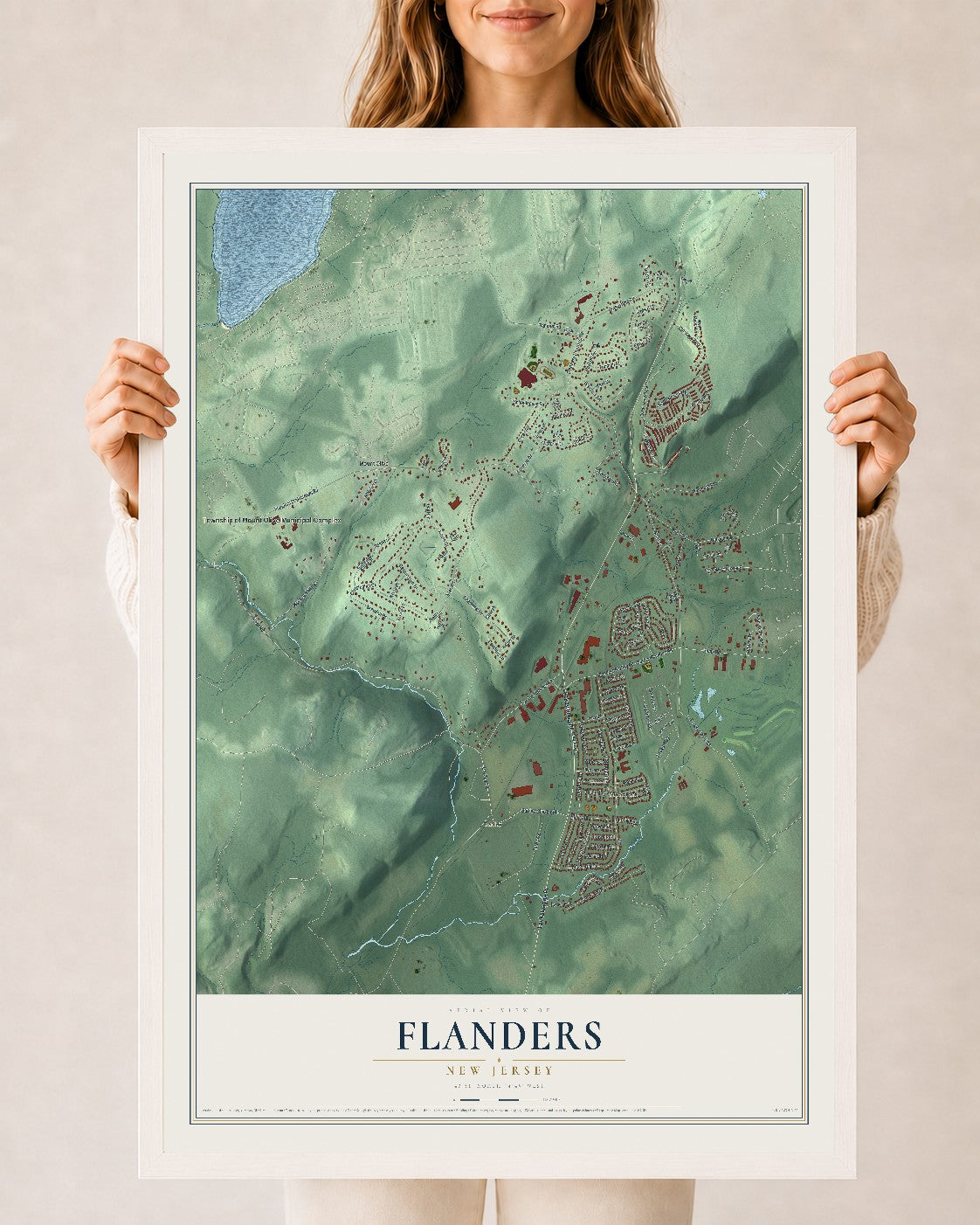 Flanders, New Jersey map print, 24" x 36" W/ White Ayous Wood Frame mockup