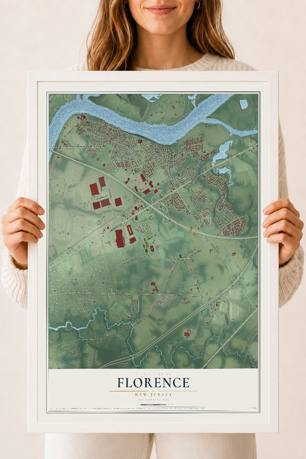 Florence, New Jersey map print, 18" x 24" W/ White Ayous Wood Frame mockup