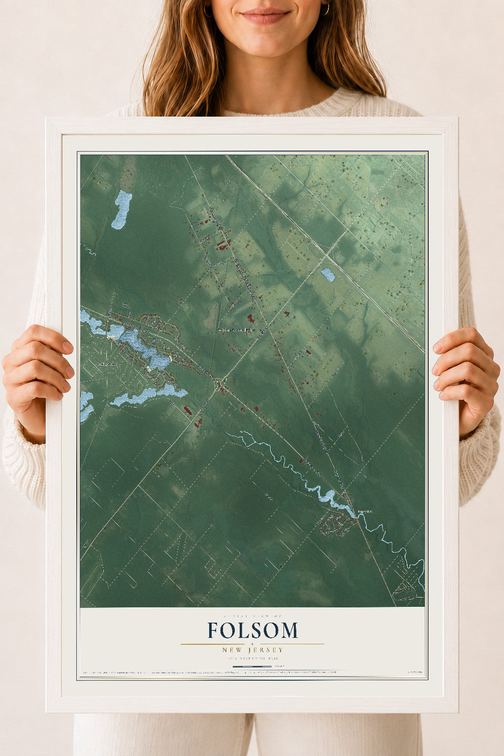 Folsom, New Jersey map print, 18" x 24" W/ White Ayous Wood Frame mockup