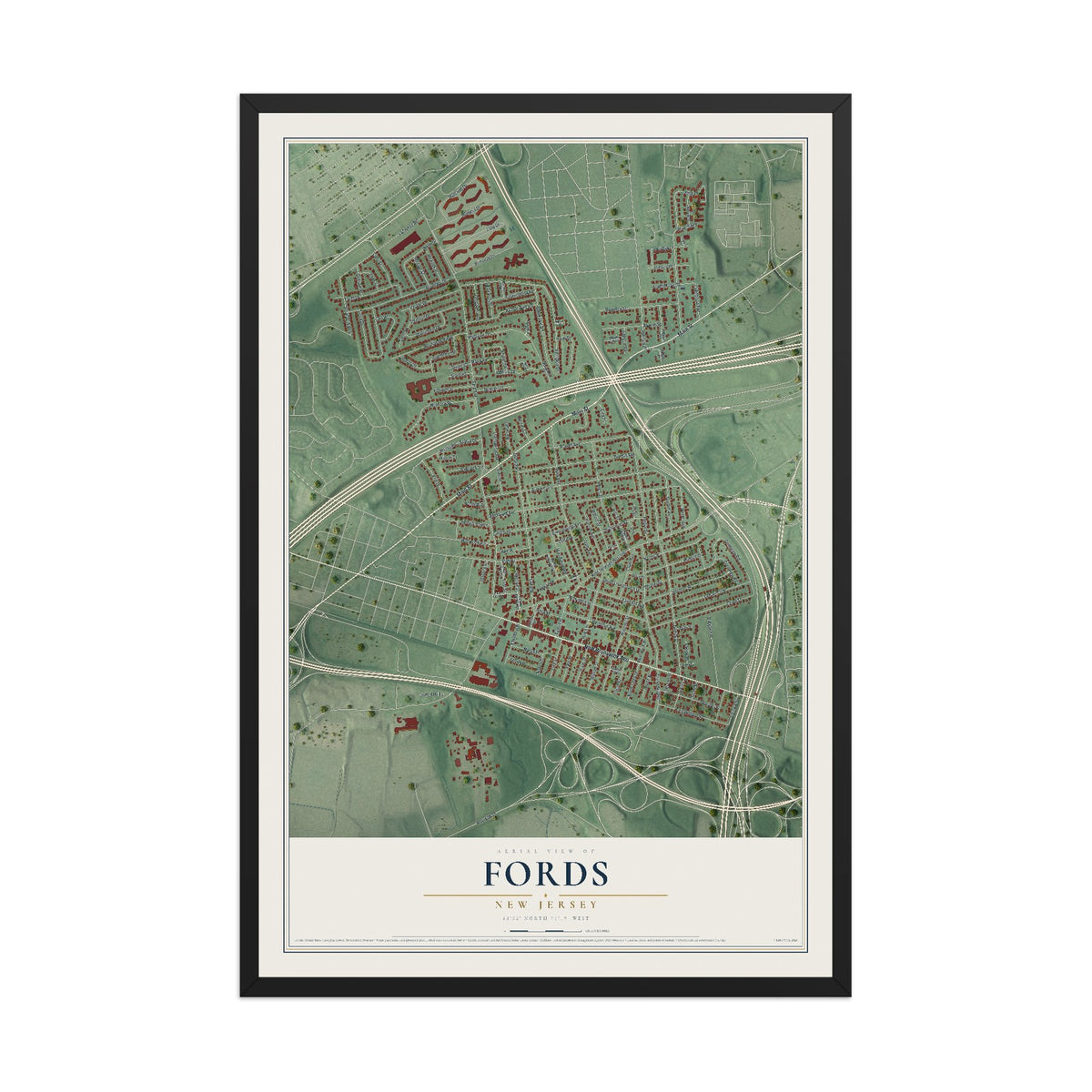 Fords, New Jersey map print, 12" x 18" W/ Black Ayous Wood Frame mockup