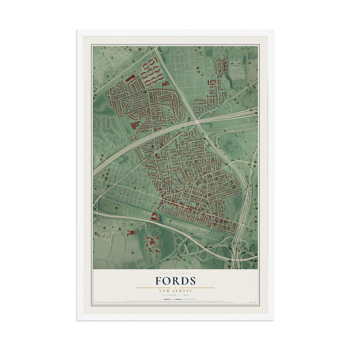 Fords, New Jersey map print, 12" x 18" W/ White Ayous Wood Frame mockup