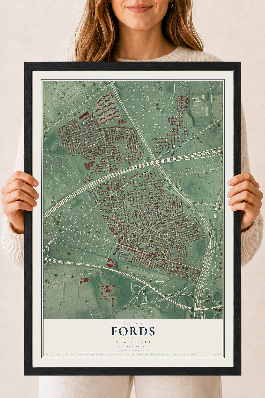 Fords, New Jersey map print, 18" x 24" W/ Black Ayous Wood Frame mockup
