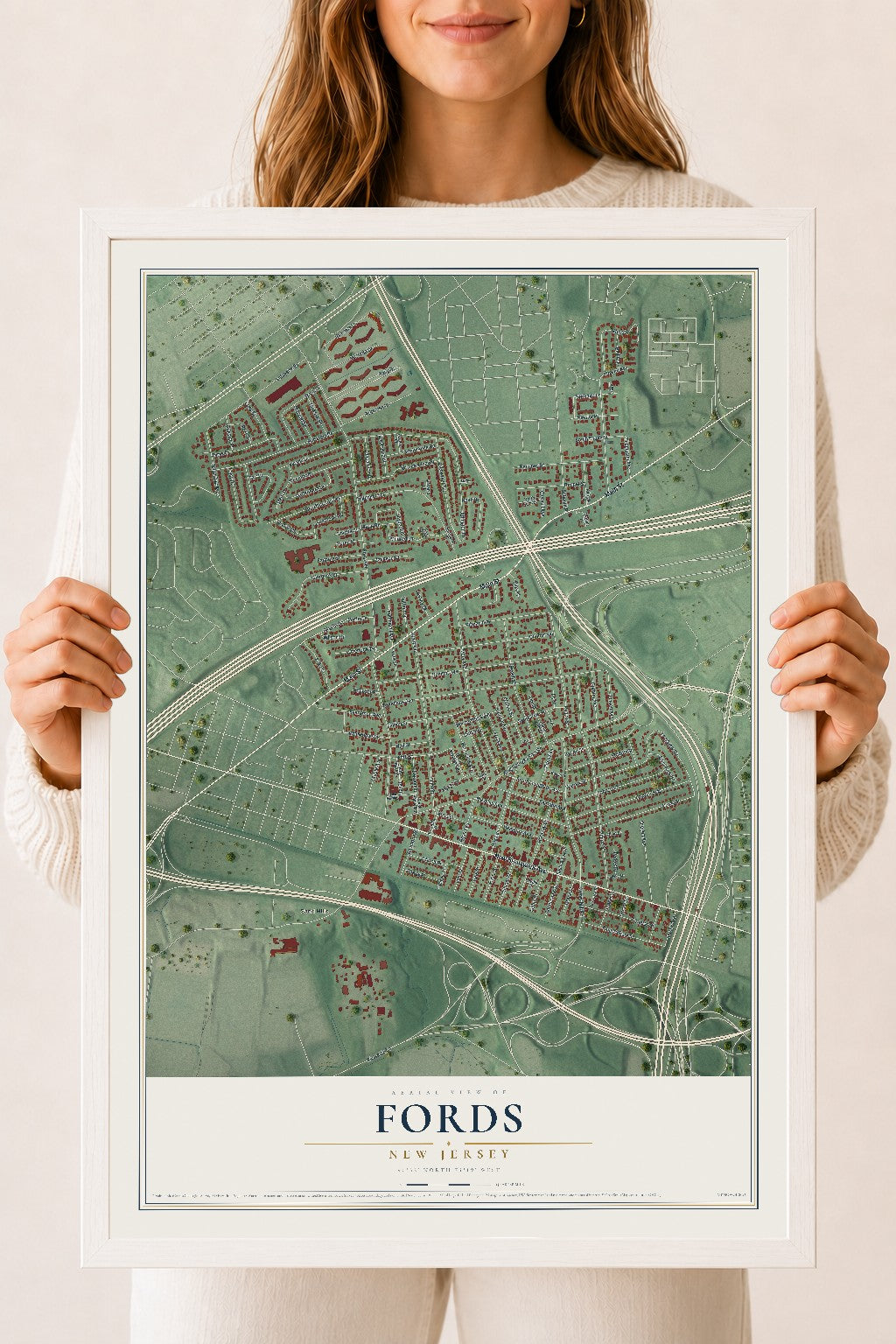 Fords, New Jersey map print, 18" x 24" W/ White Ayous Wood Frame mockup