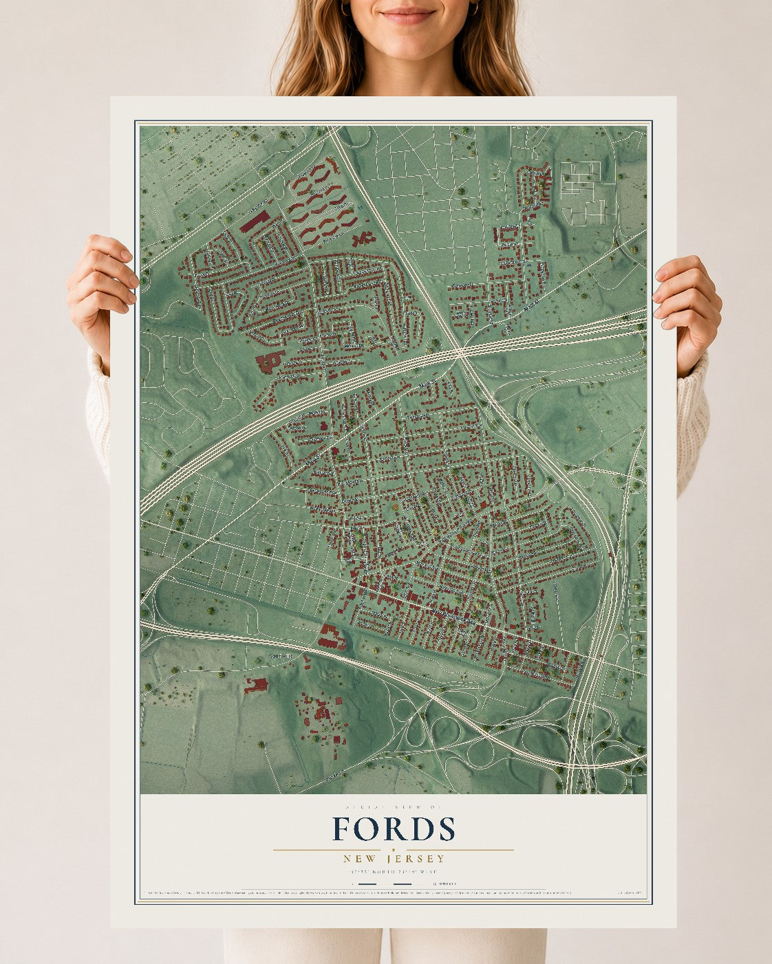Fords, New Jersey map print, 24" x 36" Archival Matte Print mockup