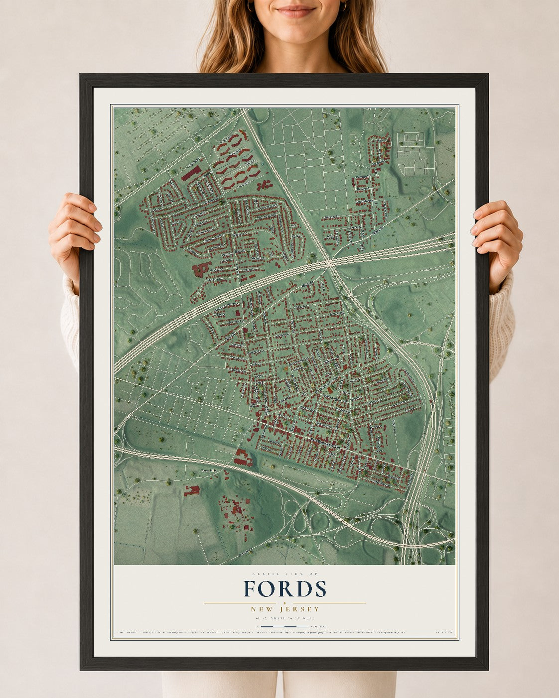 Fords, New Jersey map print, 24" x 36" W/ Black Ayous Wood Frame mockup