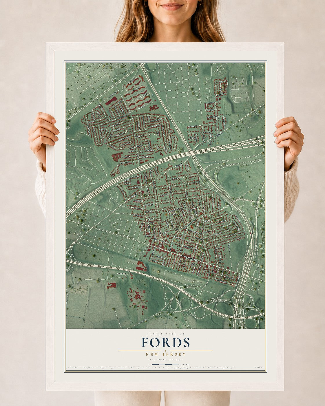 Fords, New Jersey map print, 24" x 36" W/ White Ayous Wood Frame mockup