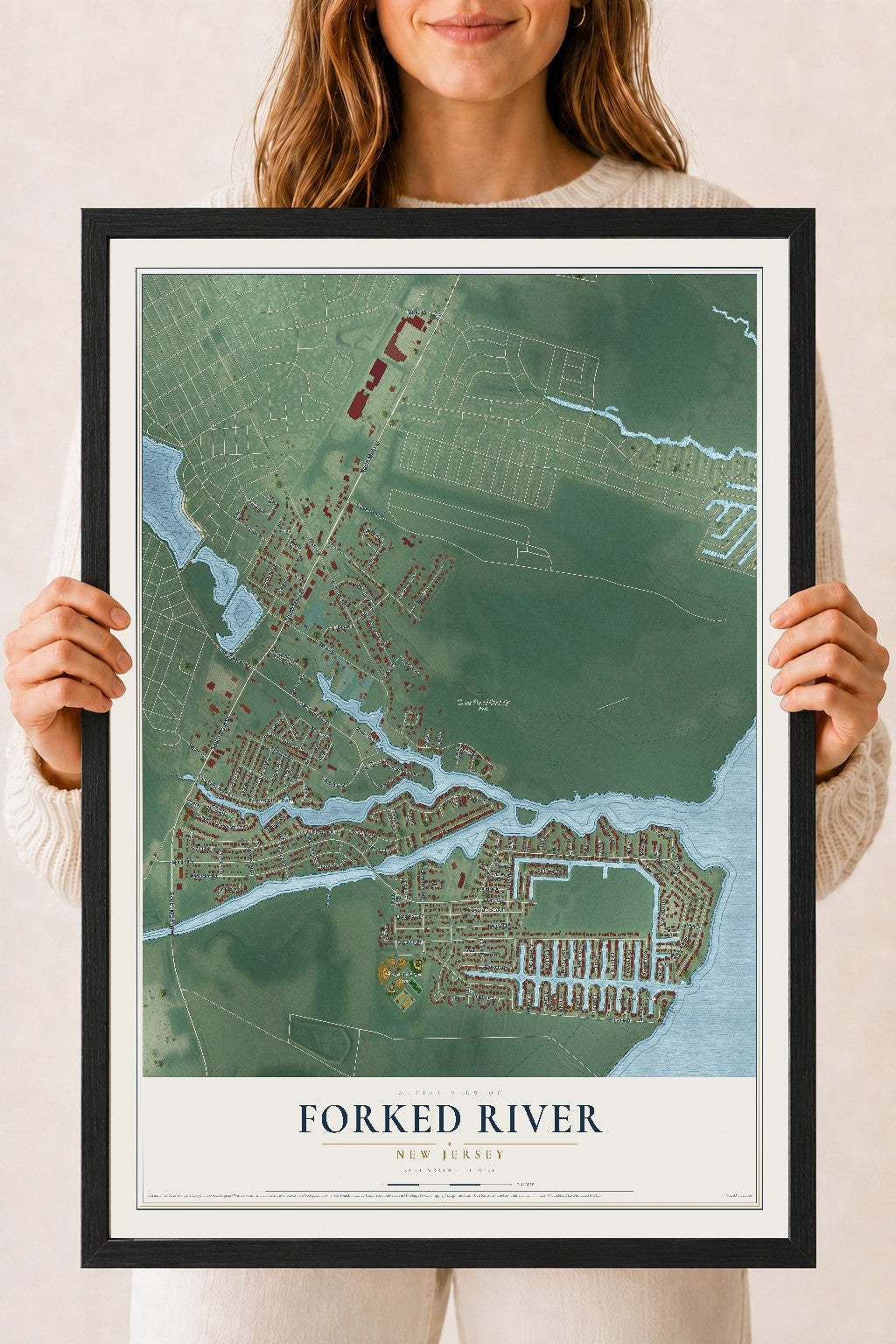 Forked River, New Jersey map print, 18" x 24" W/ Black Ayous Wood Frame mockup