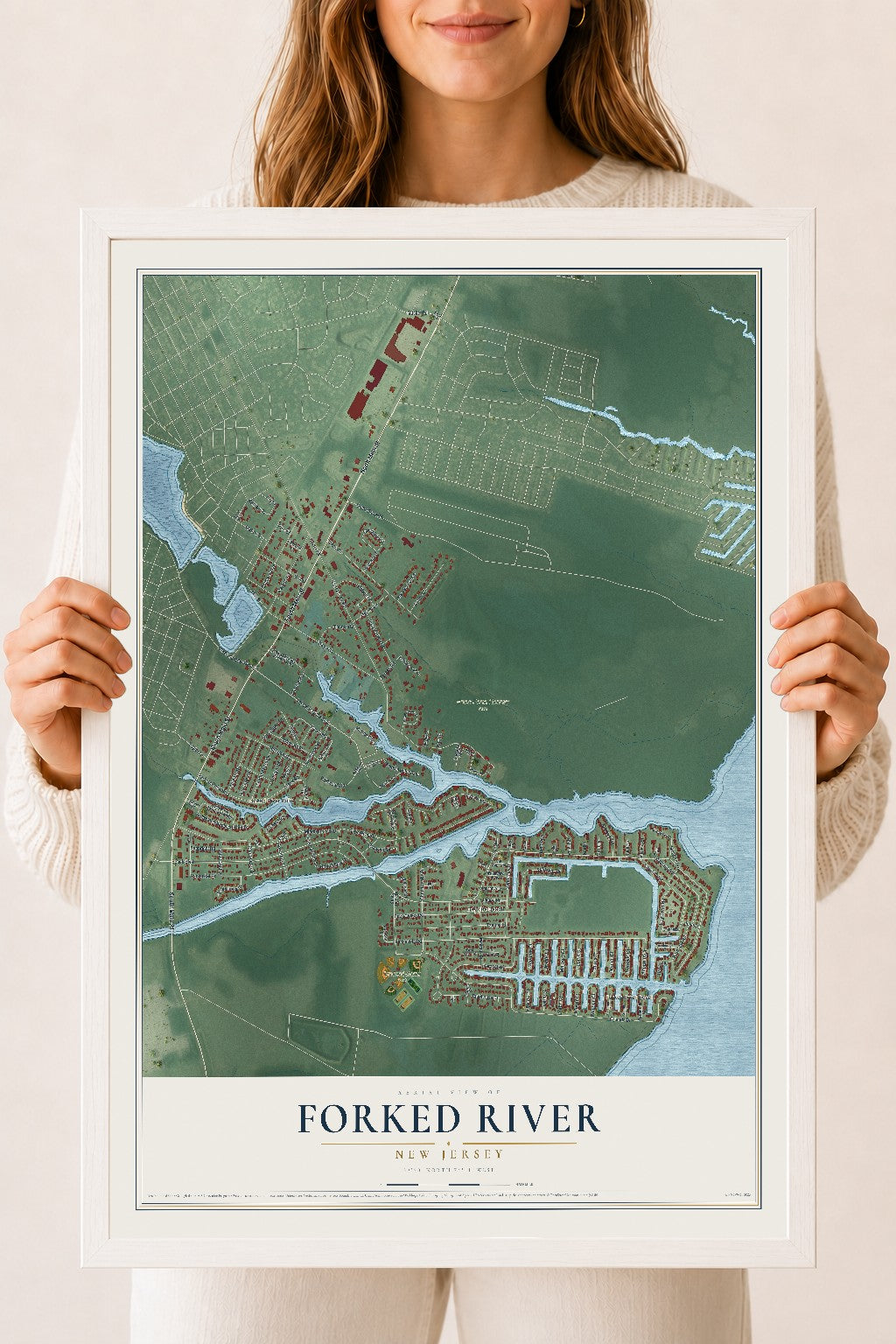 Forked River, New Jersey map print, 18" x 24" W/ White Ayous Wood Frame mockup