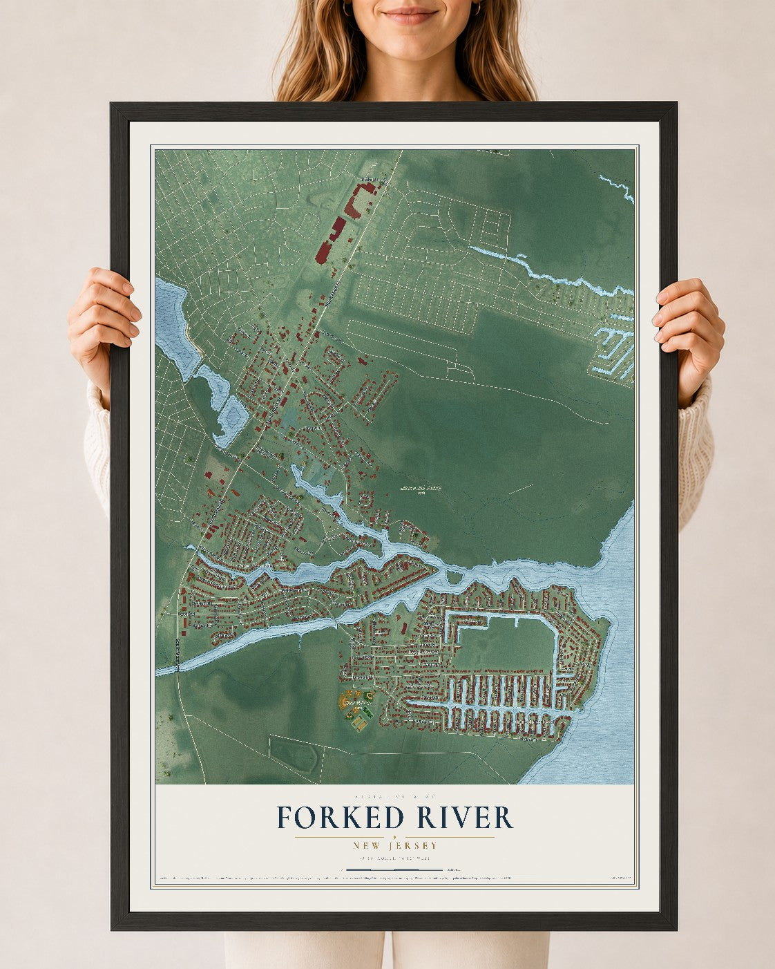 Forked River, New Jersey map print, 24" x 36" W/ Black Ayous Wood Frame mockup