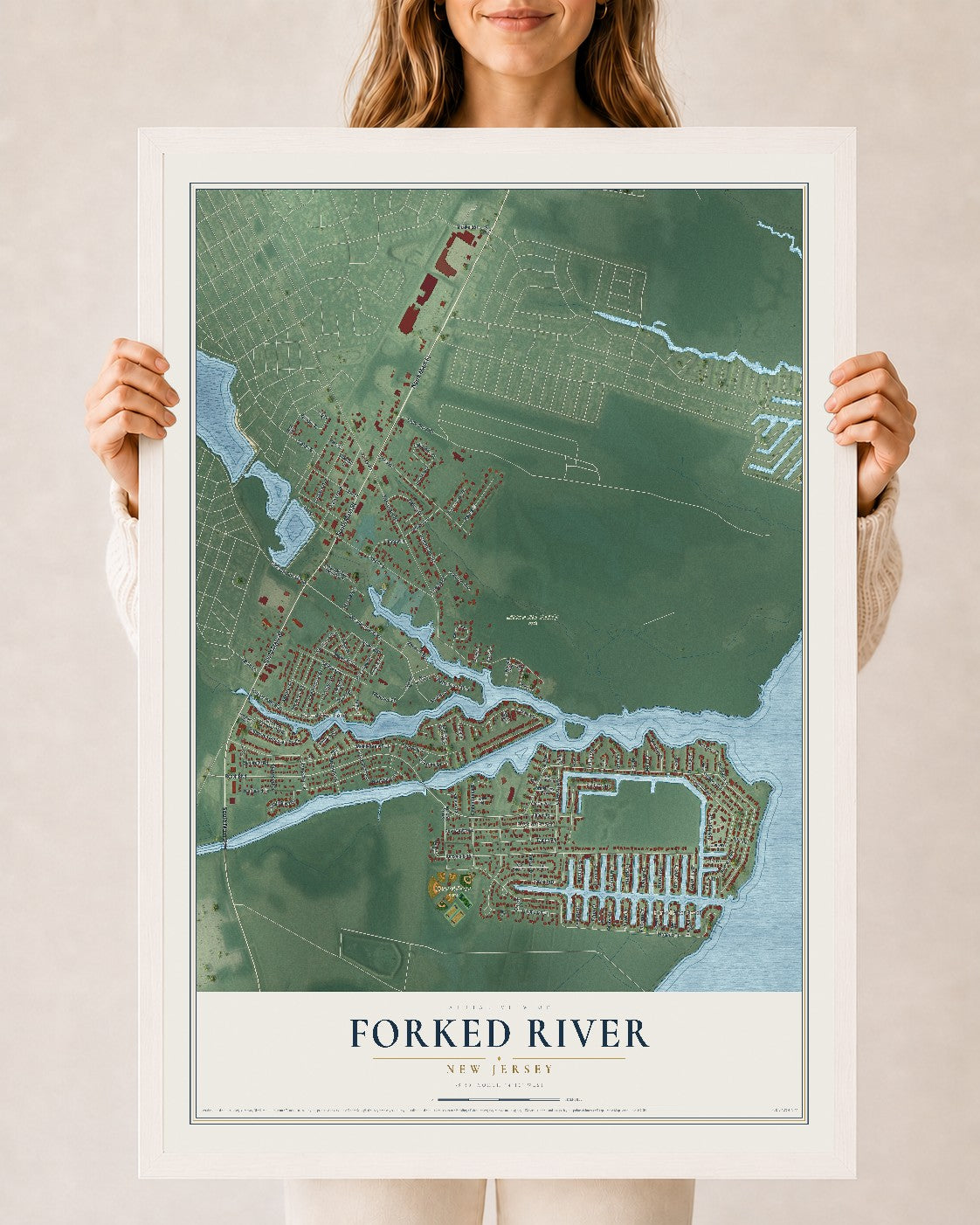 Forked River, New Jersey map print, 24" x 36" W/ White Ayous Wood Frame mockup