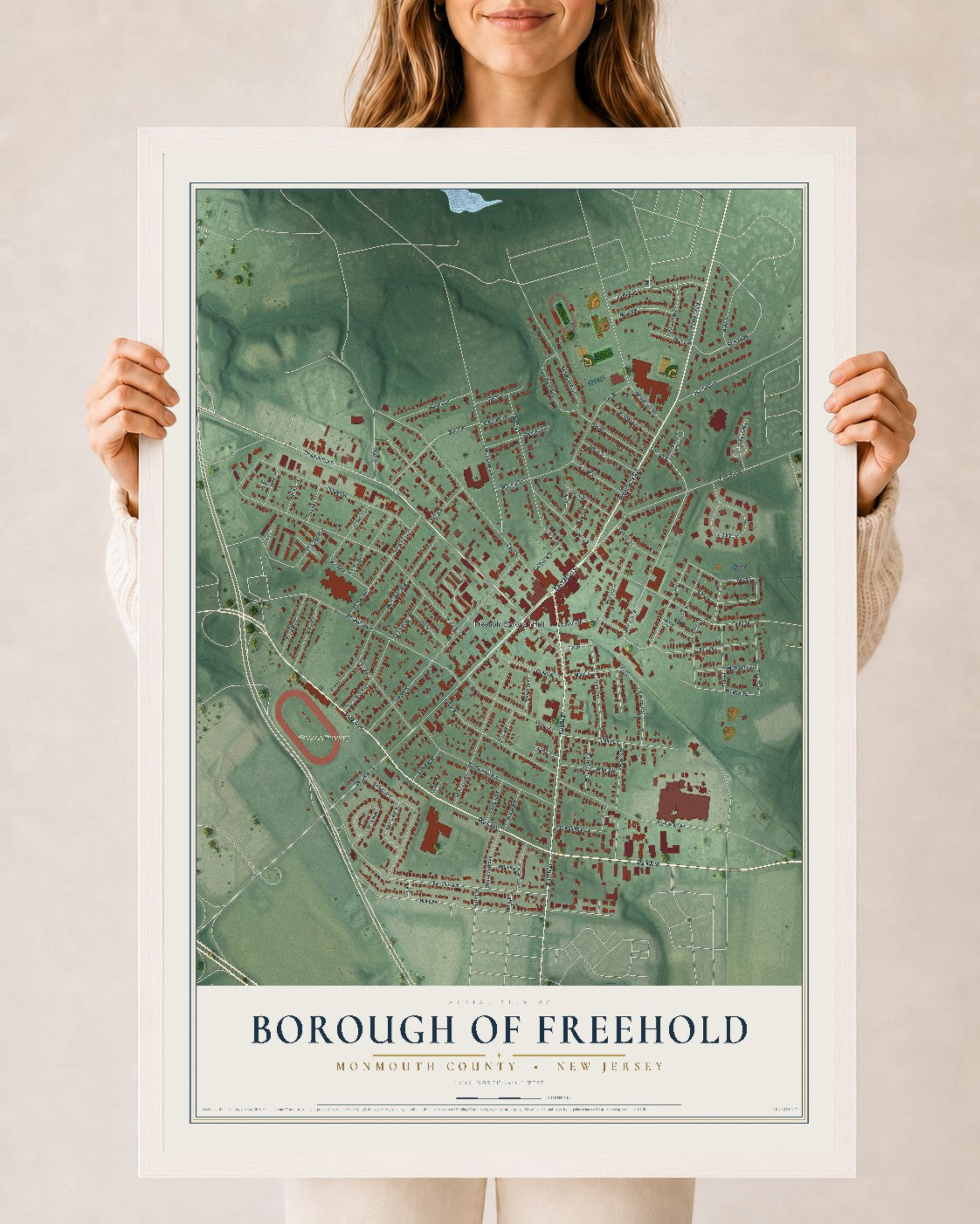 Borough of Freehold, New Jersey map print, 24" x 36" W/ White Ayous Wood Frame mockup