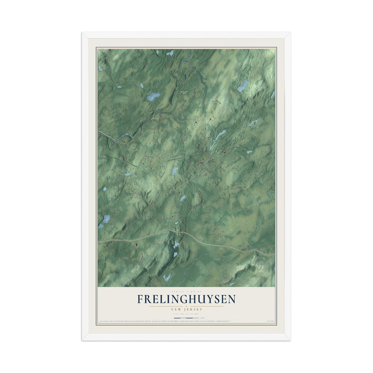 Frelinghuysen, New Jersey map print, 12" x 18" W/ White Ayous Wood Frame mockup