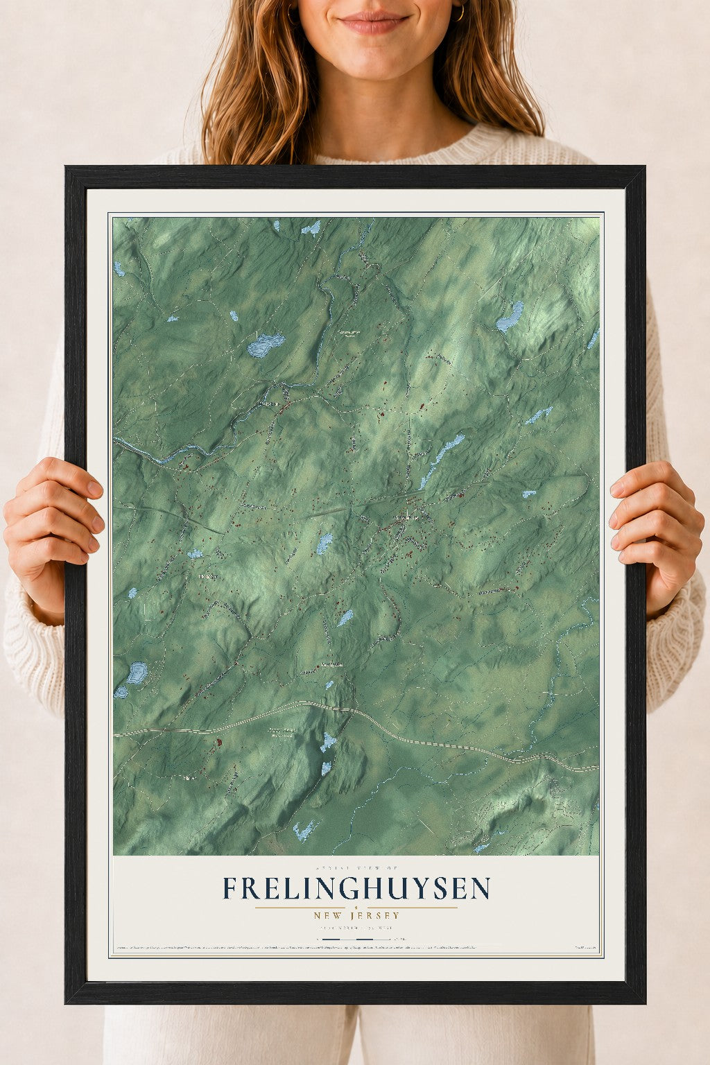 Frelinghuysen, New Jersey map print, 18" x 24" W/ Black Ayous Wood Frame mockup