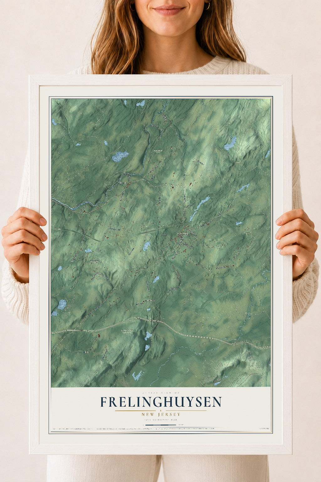 Frelinghuysen, New Jersey map print, 18" x 24" W/ White Ayous Wood Frame mockup