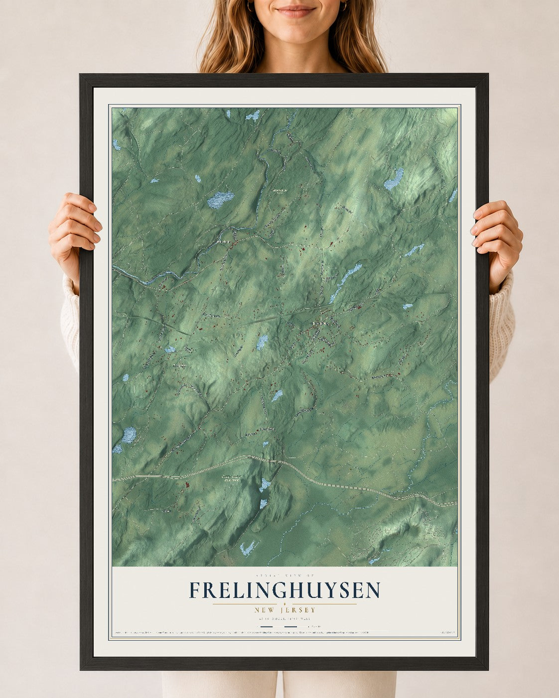 Frelinghuysen, New Jersey map print, 24" x 36" W/ Black Ayous Wood Frame mockup