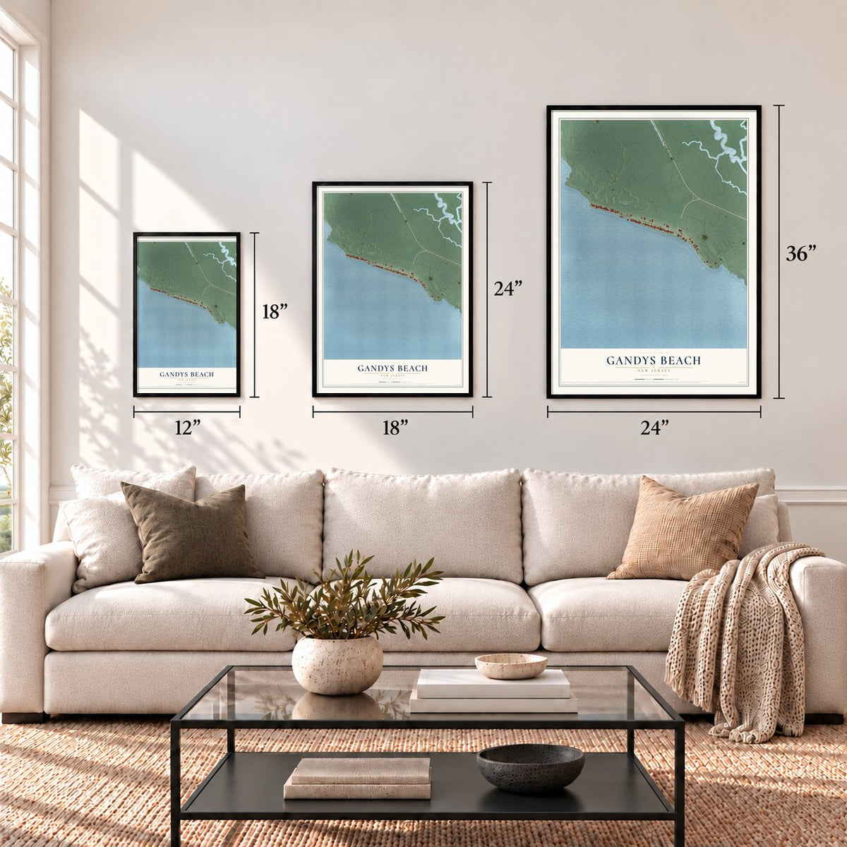 Gandys Beach, New Jersey map in 12 x 18, 18 x 24 and 24 x 36 inch sizes above a sofa