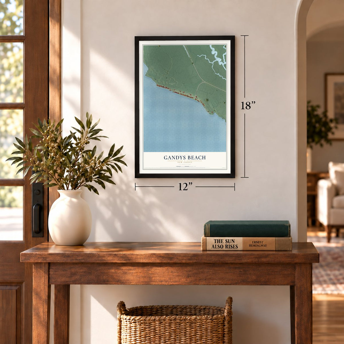 Gandys Beach, New Jersey map, 12 x 18 inch print in a black frame in an entryway