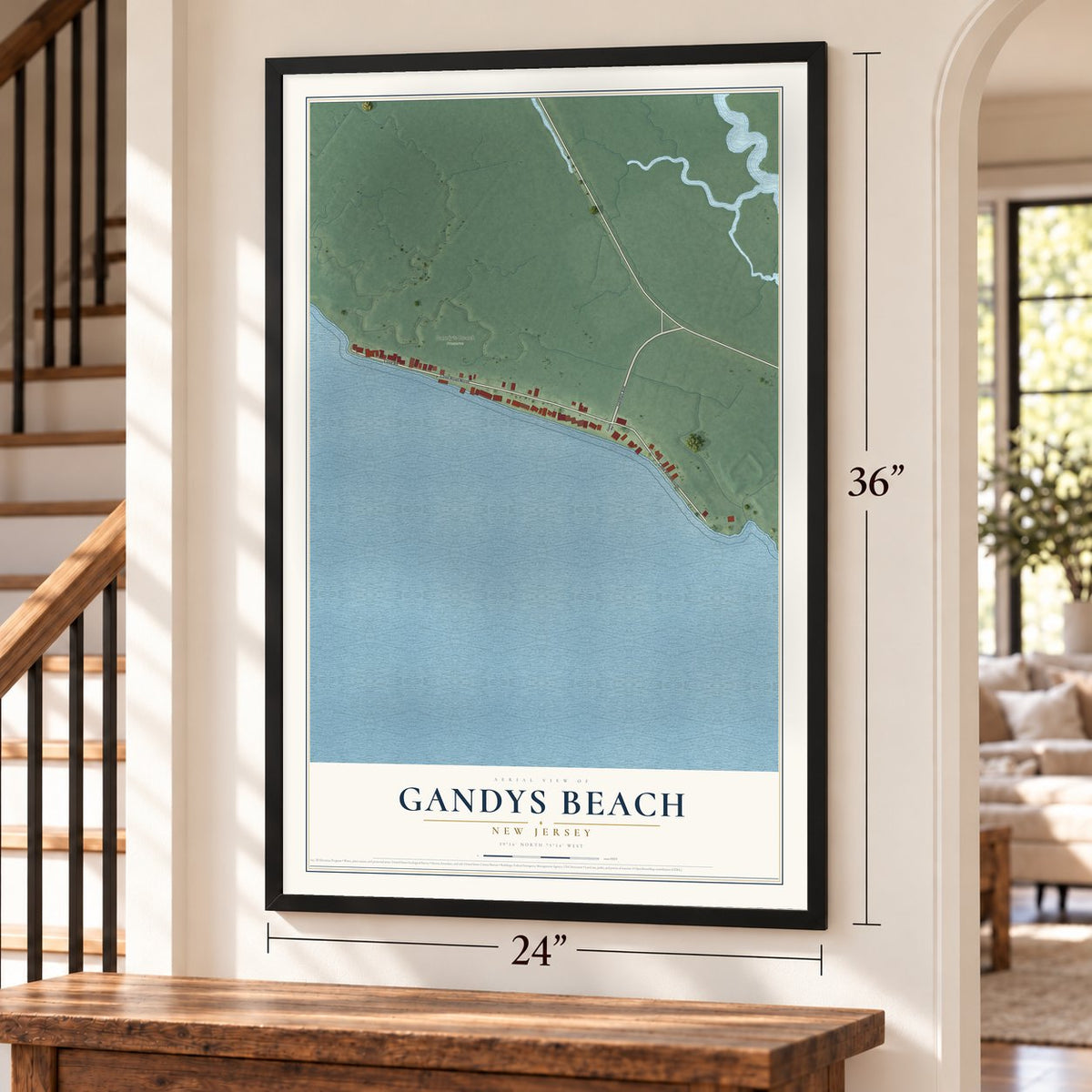 Gandys Beach, New Jersey map, 24 x 36 inch print in a black frame by a staircase