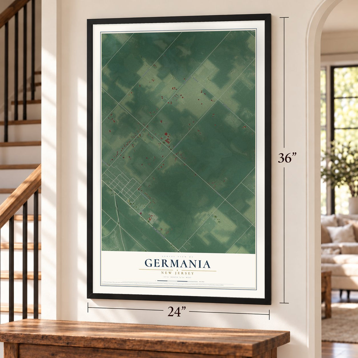 Germania, New Jersey map, 24 x 36 inch print in a black frame by a staircase
