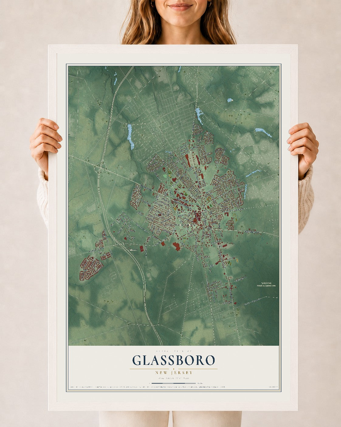 Glassboro, New Jersey map print, 24" x 36" W/ White Ayous Wood Frame mockup