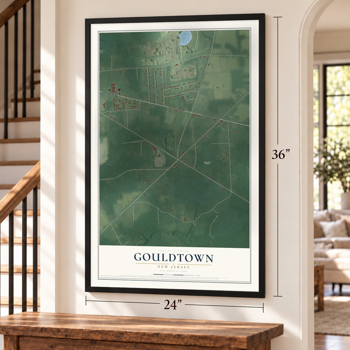 Gouldtown, New Jersey map, 24 x 36 inch print in a black frame by a staircase