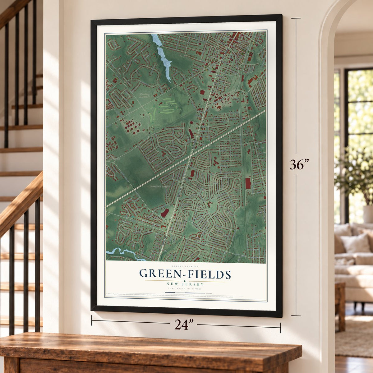 Green-Fields, New Jersey map, 24 x 36 inch print in a black frame by a staircase