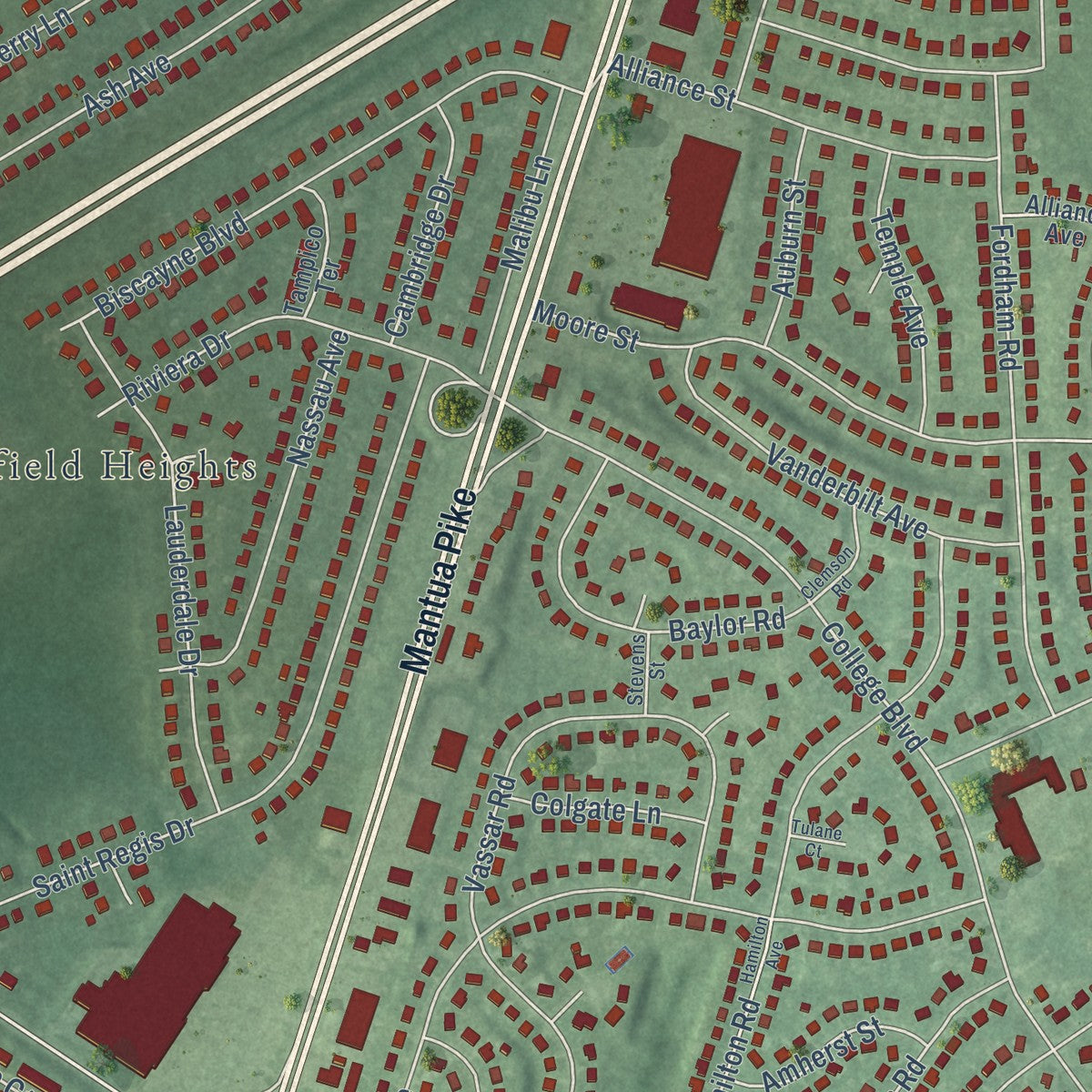 Close-up of the map of Green-Fields, New Jersey print showing street and building detail