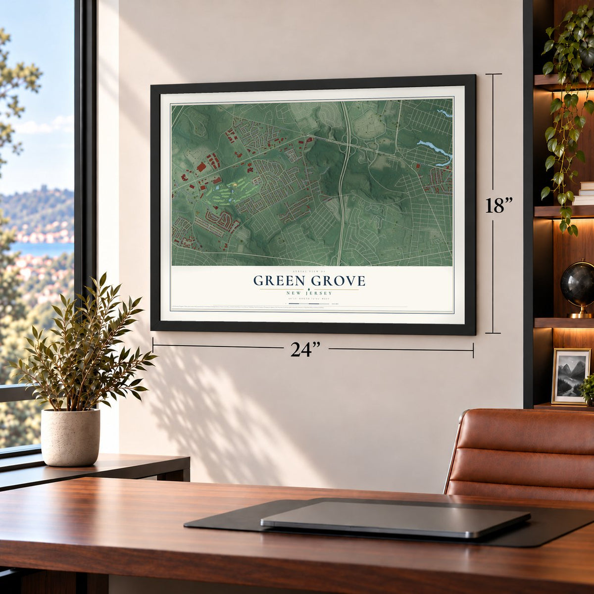 Green Grove, New Jersey map, 18 x 24 inch print in a black frame in a home office
