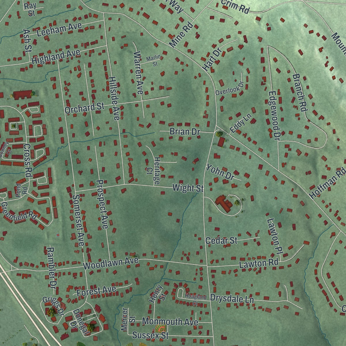 Close-up of the map of Green Knoll, New Jersey print showing street and building detail