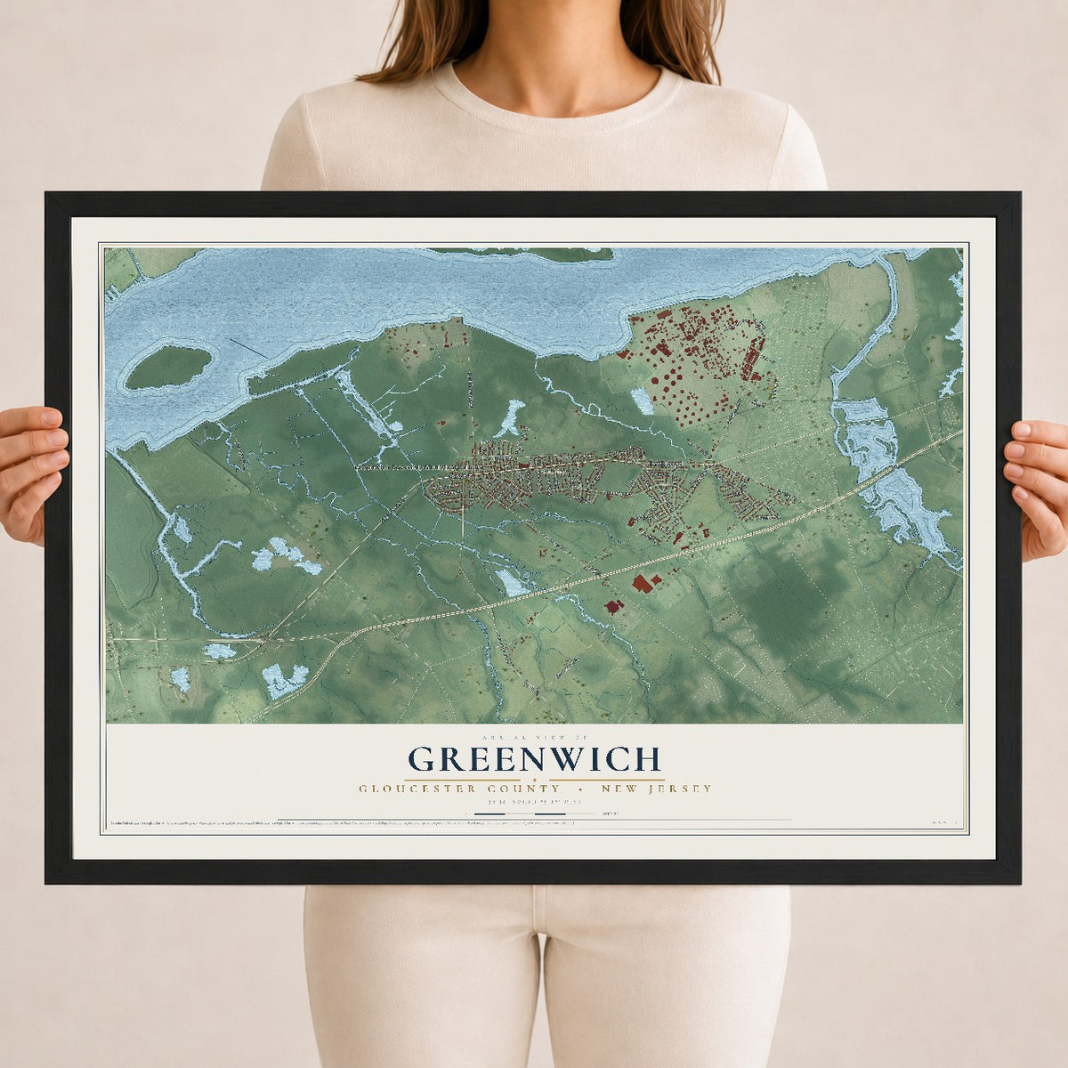 Greenwich, New Jersey map print, 18" x 24" W/ Black Ayous Wood Frame mockup